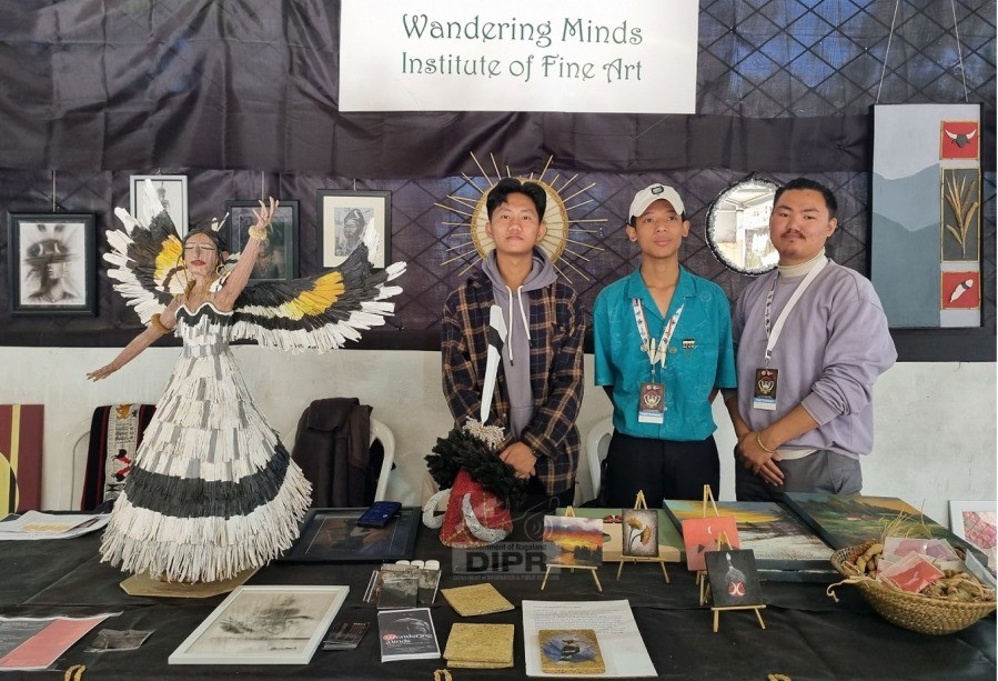 Students of Wandering Minds, Institute Of Fine Arts exhibiting different artworks Hortiscape Pavilion for the Hornbill Festival 2023. With the theme, 'Eminence in the Ordinary,' exhibition seeks to celebrate the commonplace through various artworks crafted with millets. (DIPR Photo)